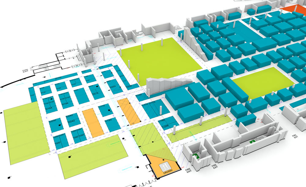 Colour-coded 3D exhibition floor plan