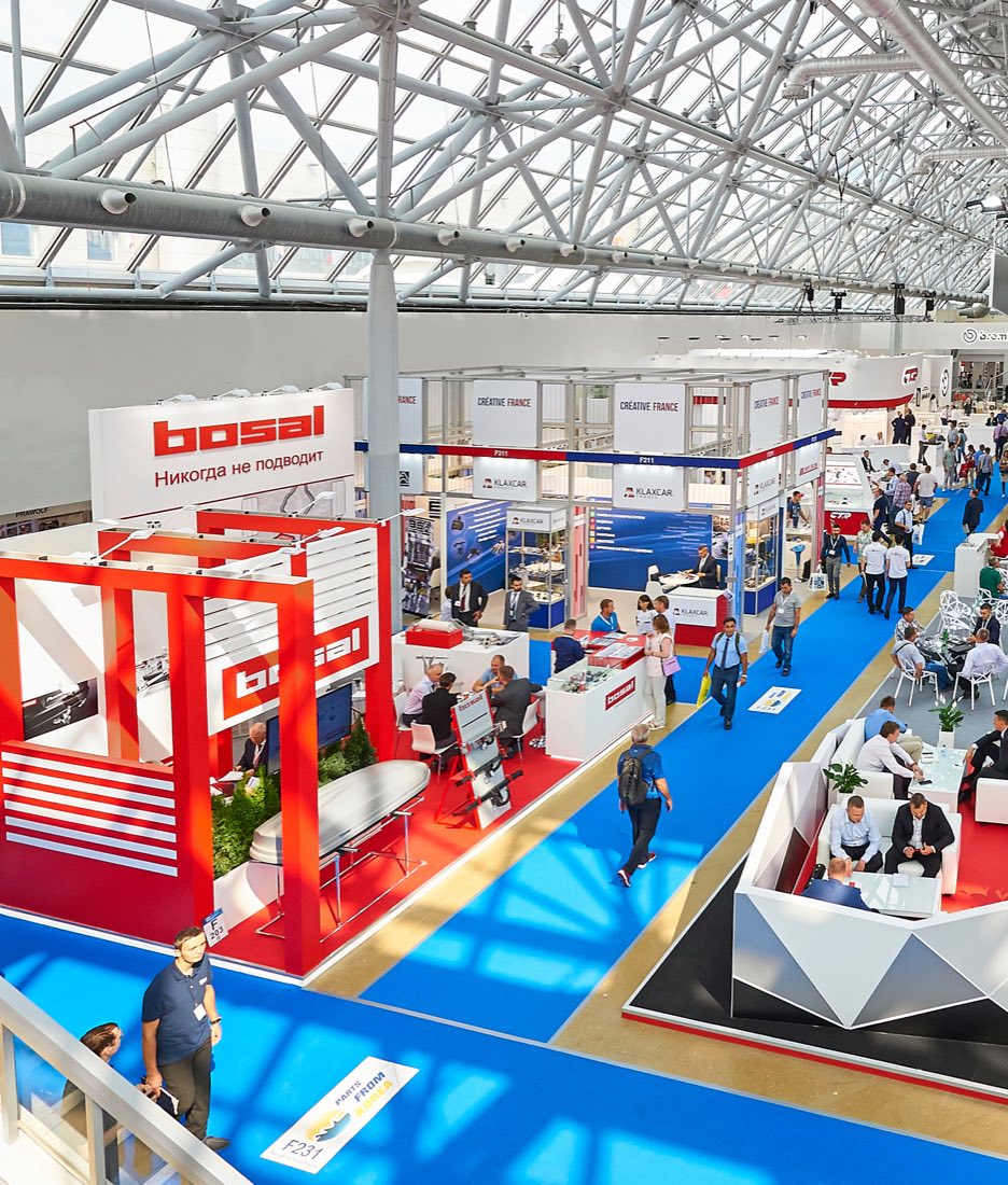 Busy stands on an exhibition floor