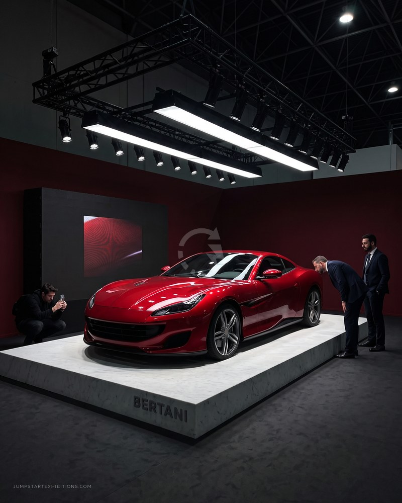 Motor show stand with vehicles on low plinths