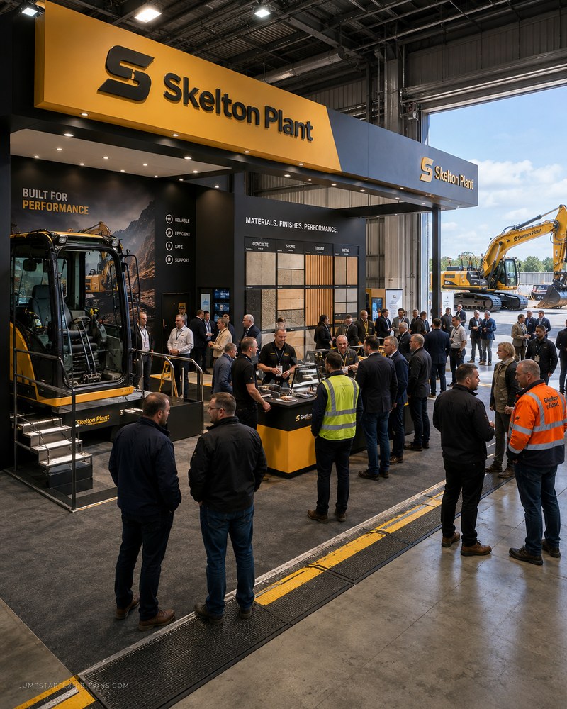 Excavator and materials display on a plant hire exhibition stand