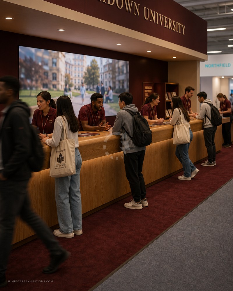 University recruitment stand with a long counter