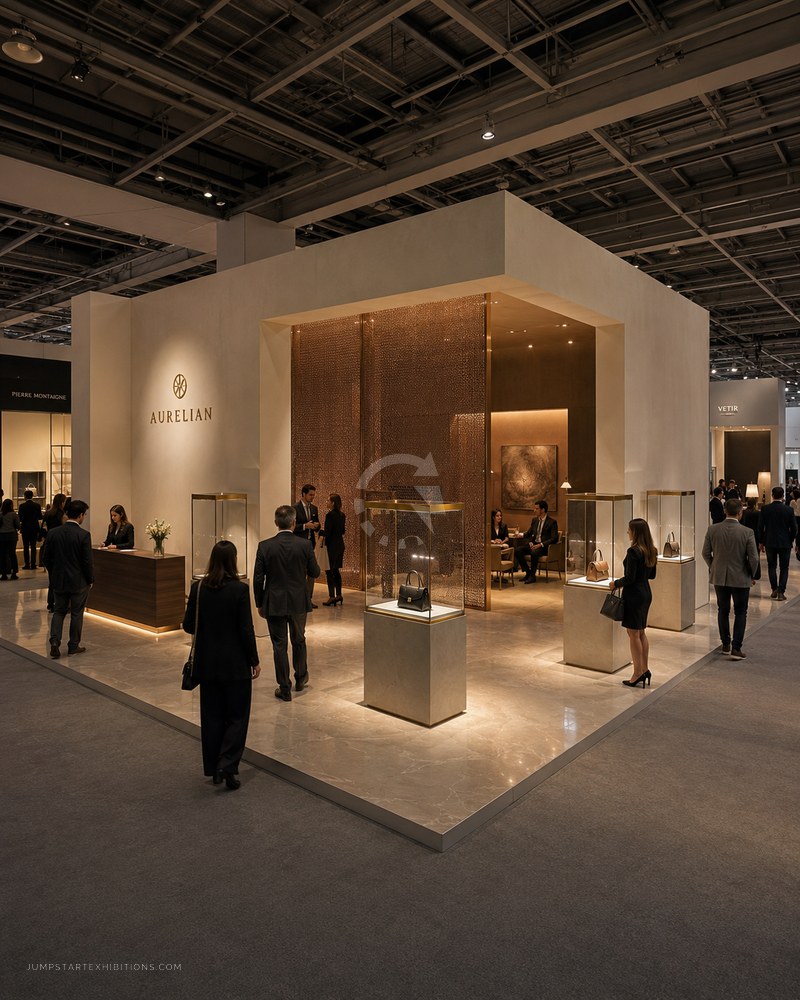 Luxury stand with controlled lighting and display cases